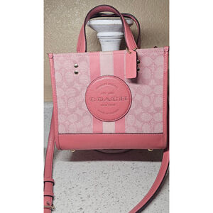 Coach Signature Stripe Tote Satchel Crossbody – Pink Canvas & Leather